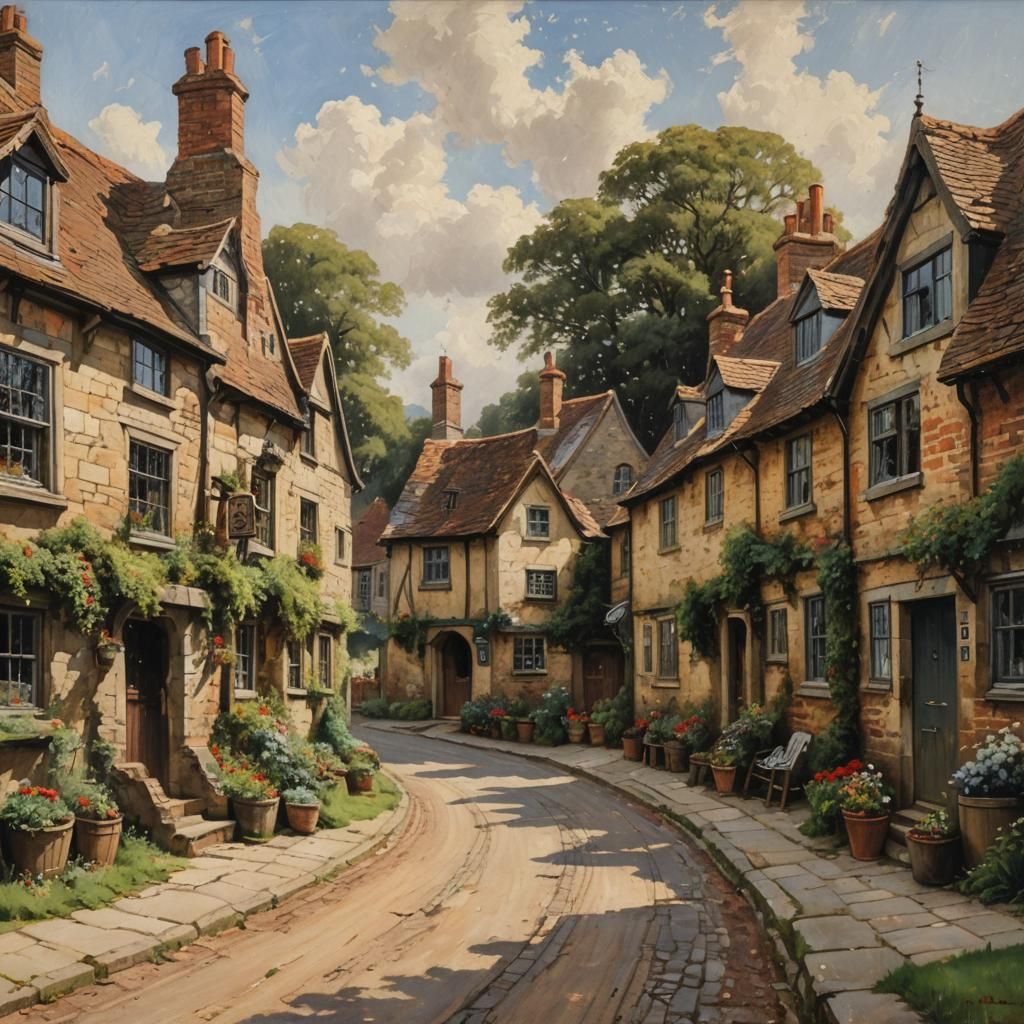 English Village Scene in Oil Painting Style
