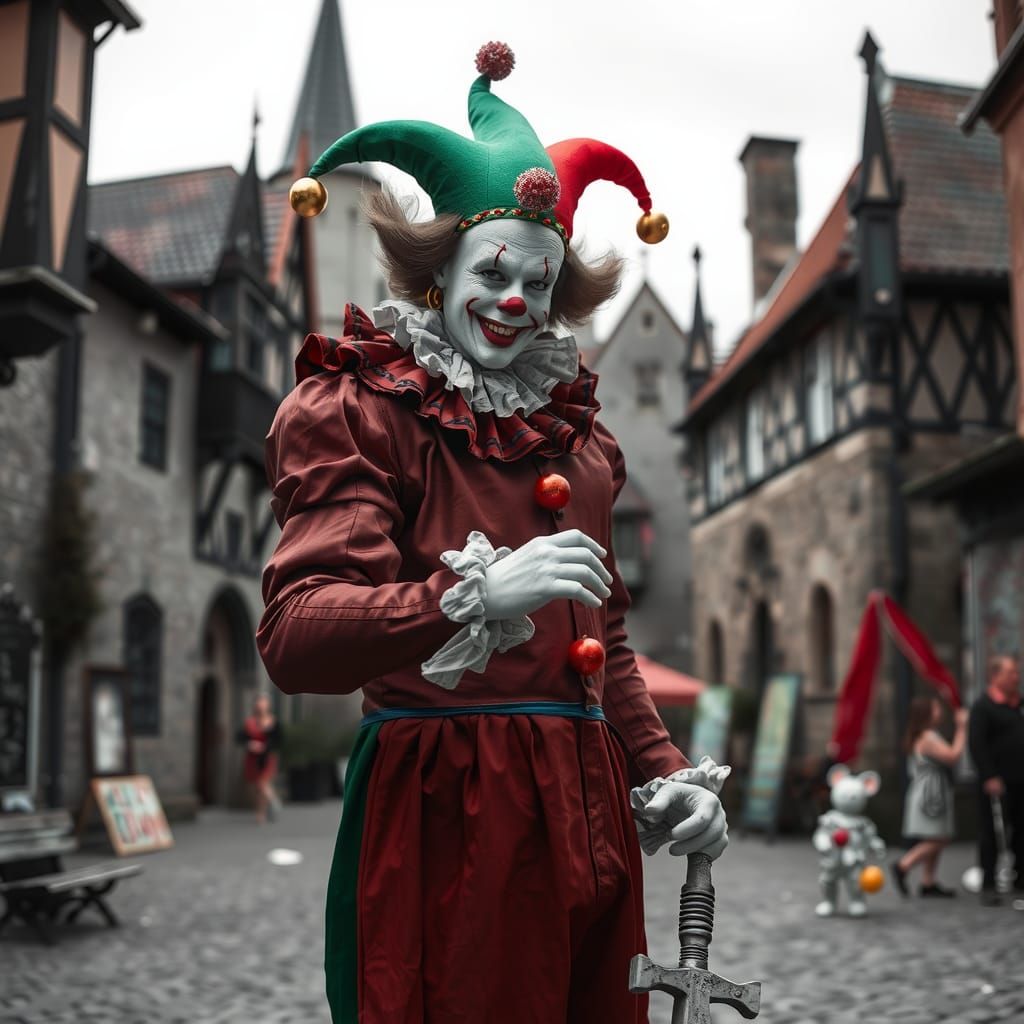 Pennywise as Colorful Jester in Grayscale Town