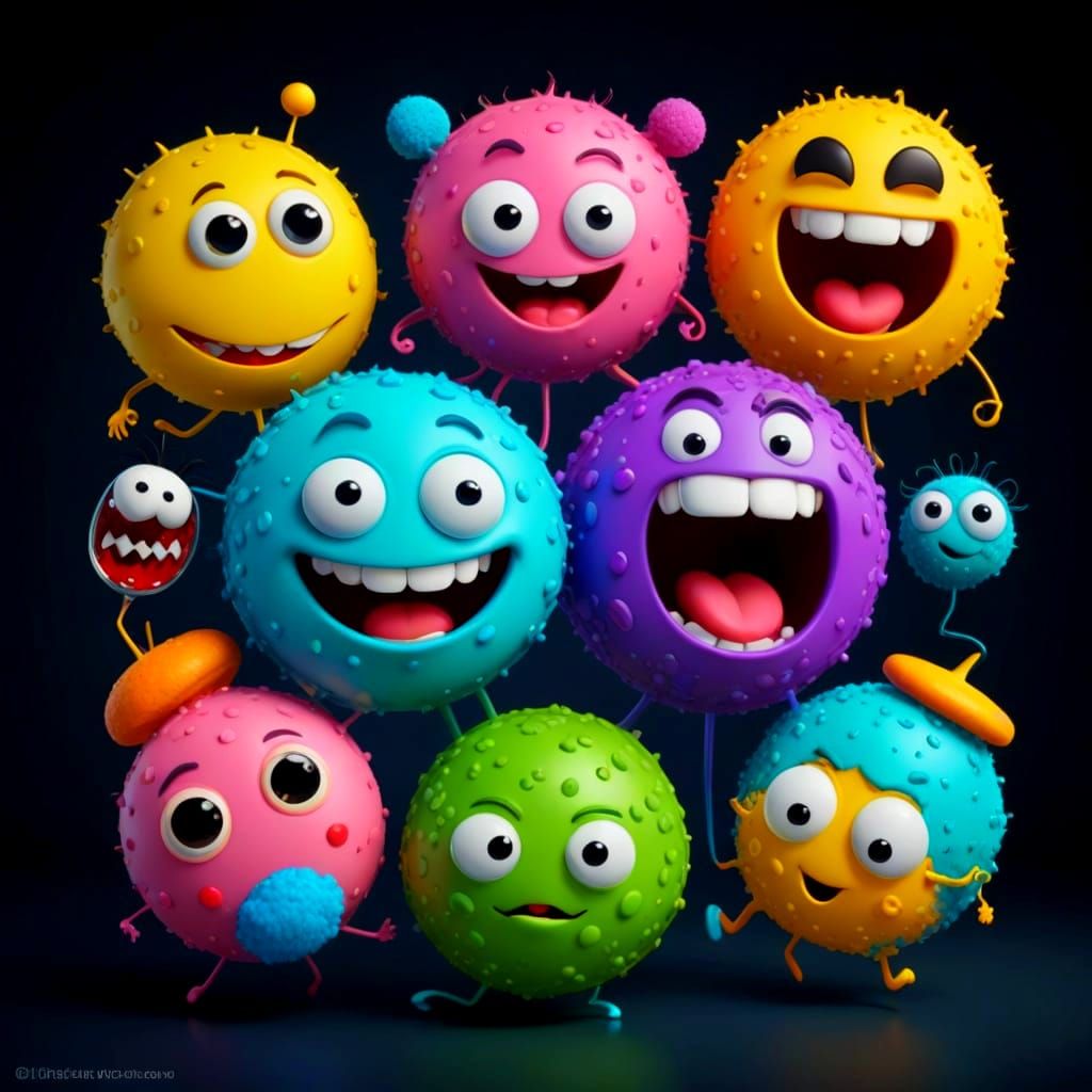 Funny Dancing Microbes Under Magnifying Glass in Cartoon Sty...