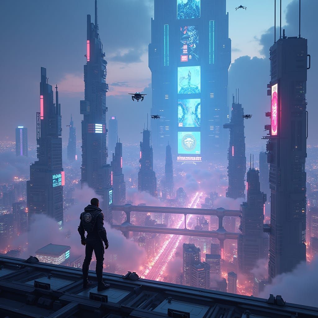 Futuristic Metropolis with Neon Lights in Matte Painting Sty...