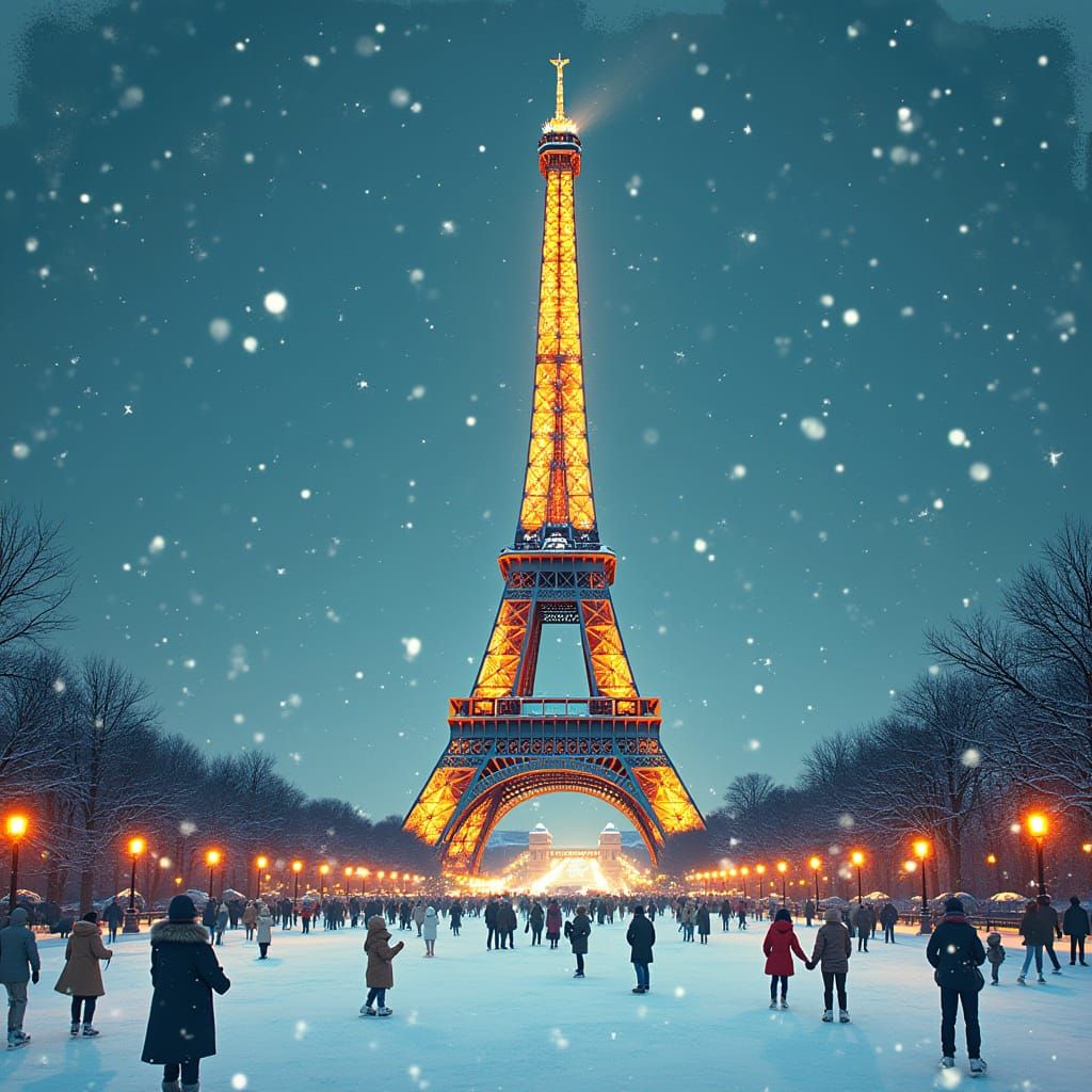 Eiffel Tower Winter Wonderland in Vintage Poster Style