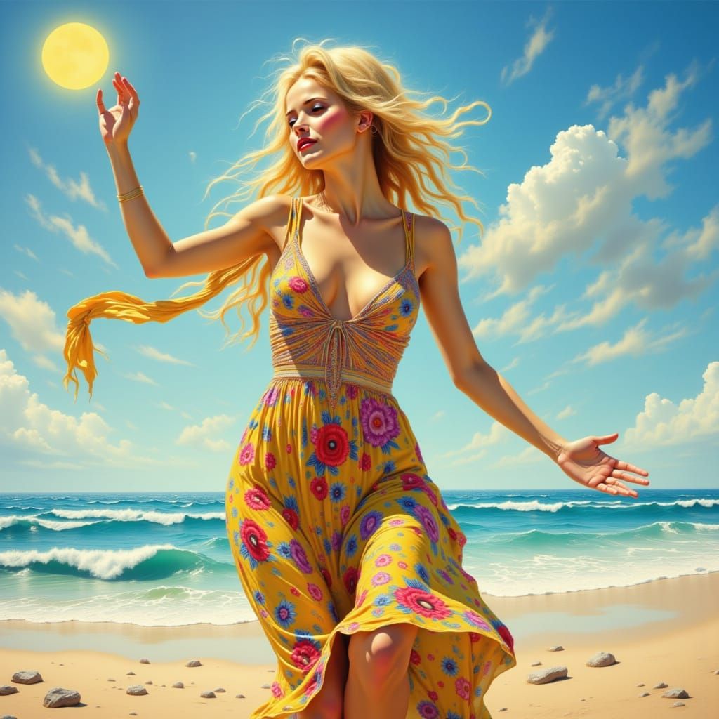 Blonde Woman Dancing on Sunny Beach in Digital Art Style
