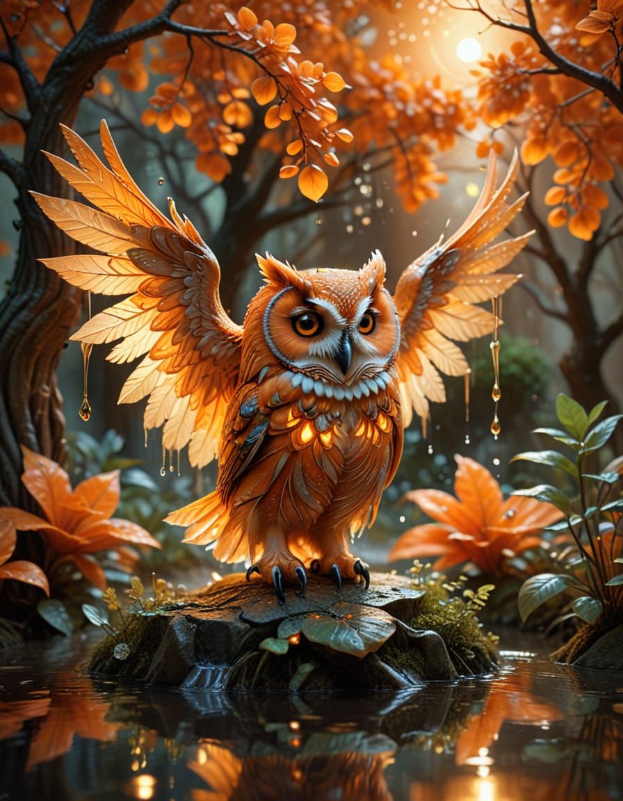 Whimsical Orange Owl Fountain in Magical Forest Courtyard