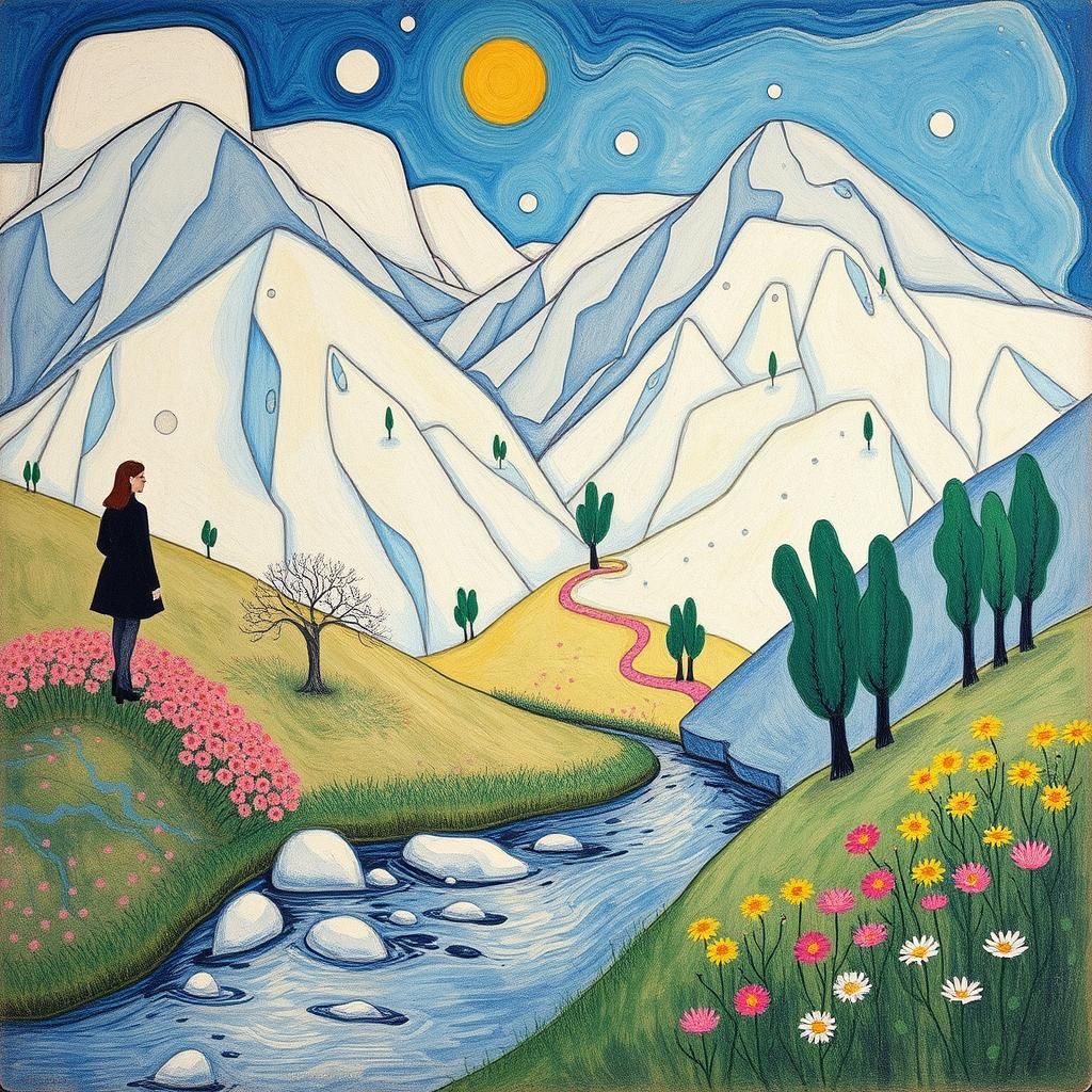 Whimsical Valley River Scene in Art Nouveau Style