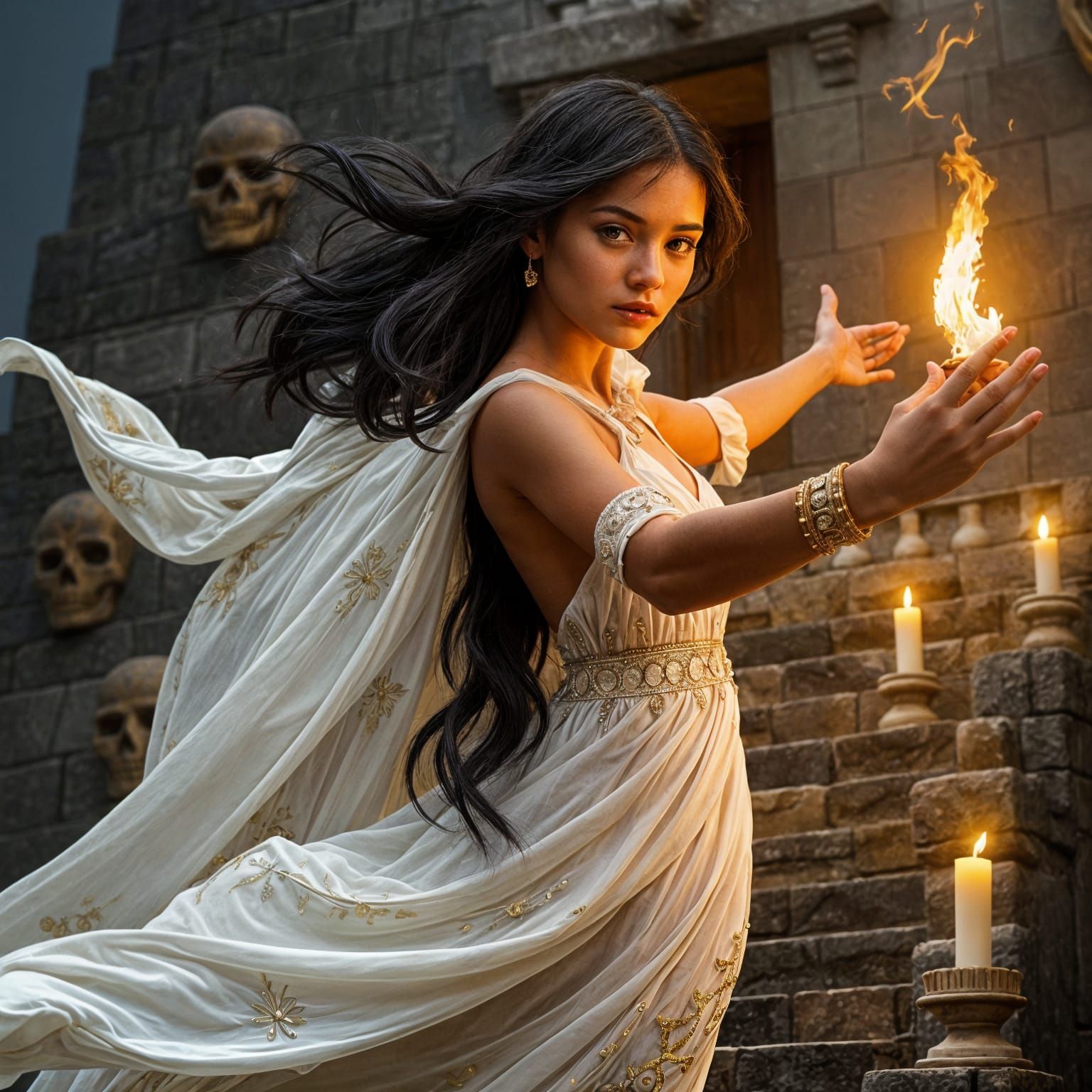 Woman with Torch Flying Around Inca Pyramid