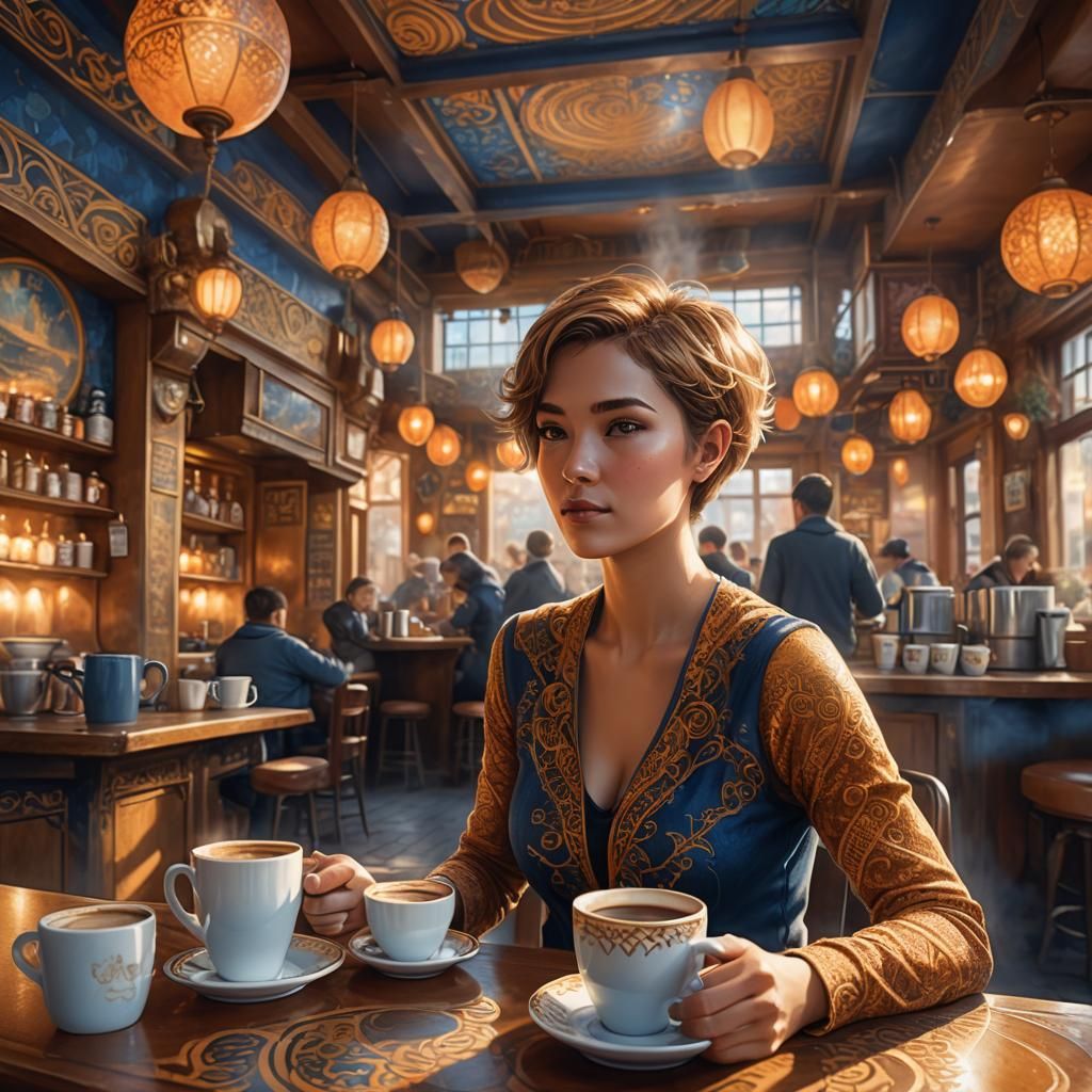 Woman Sipping Coffee in Cozy Fantasy Cafe