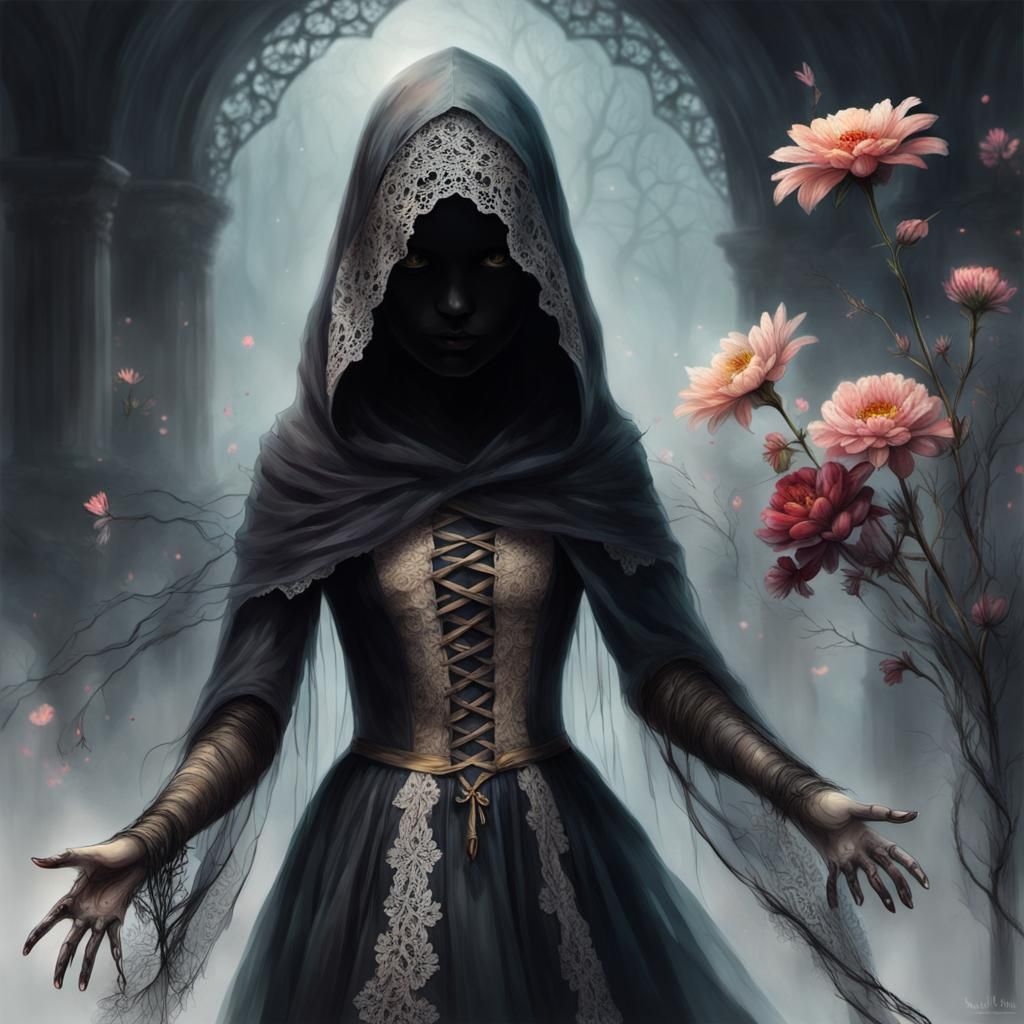 Cloaked Figure Reaching for Girl in Lace Dress