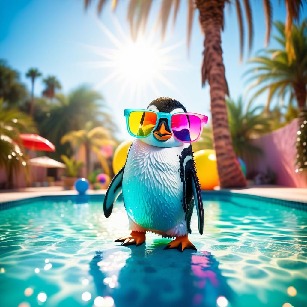 Penguin with Sunglasses in Surreal Poolside Photo