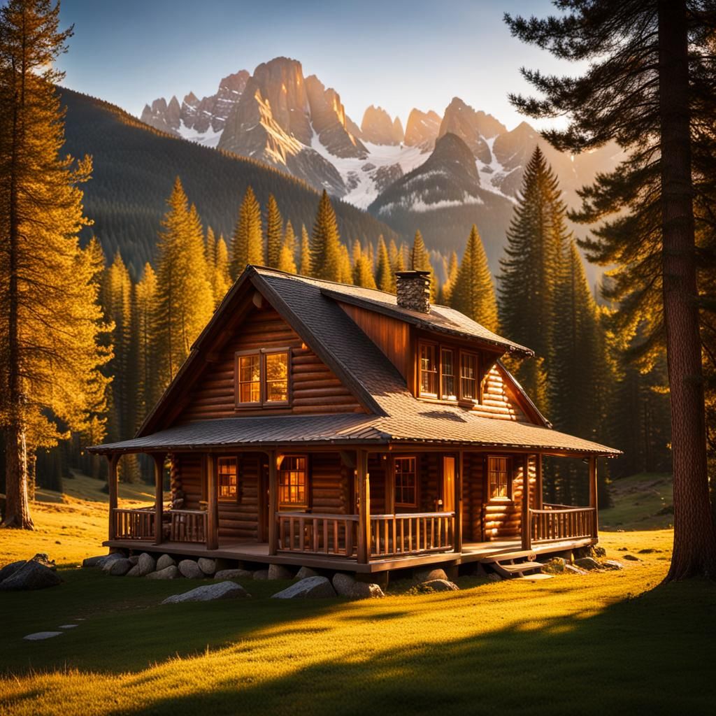 Mountain Cabin at Sunrise in Golden Light