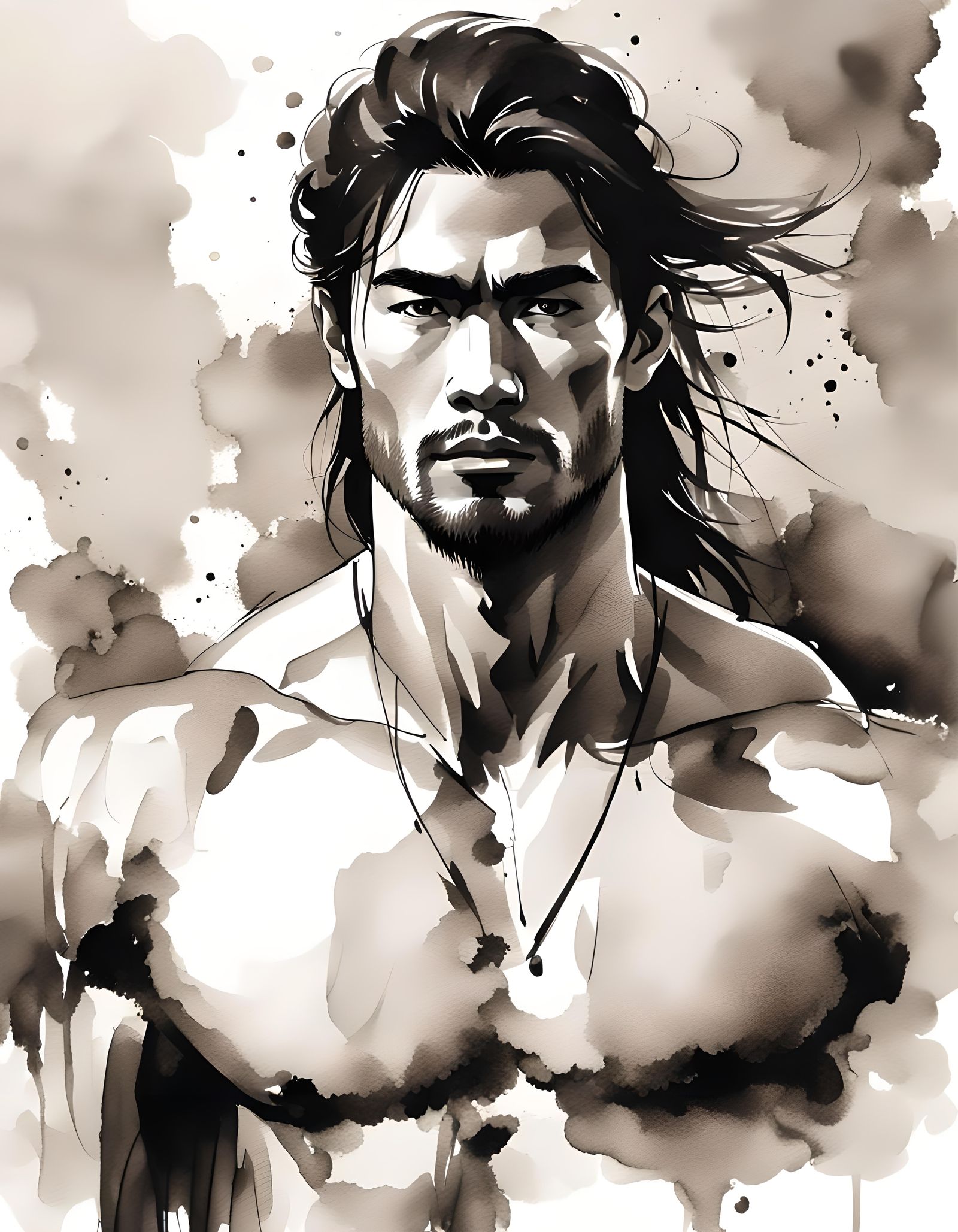 Elegant Ink Wash Painting of a Handsome Man
