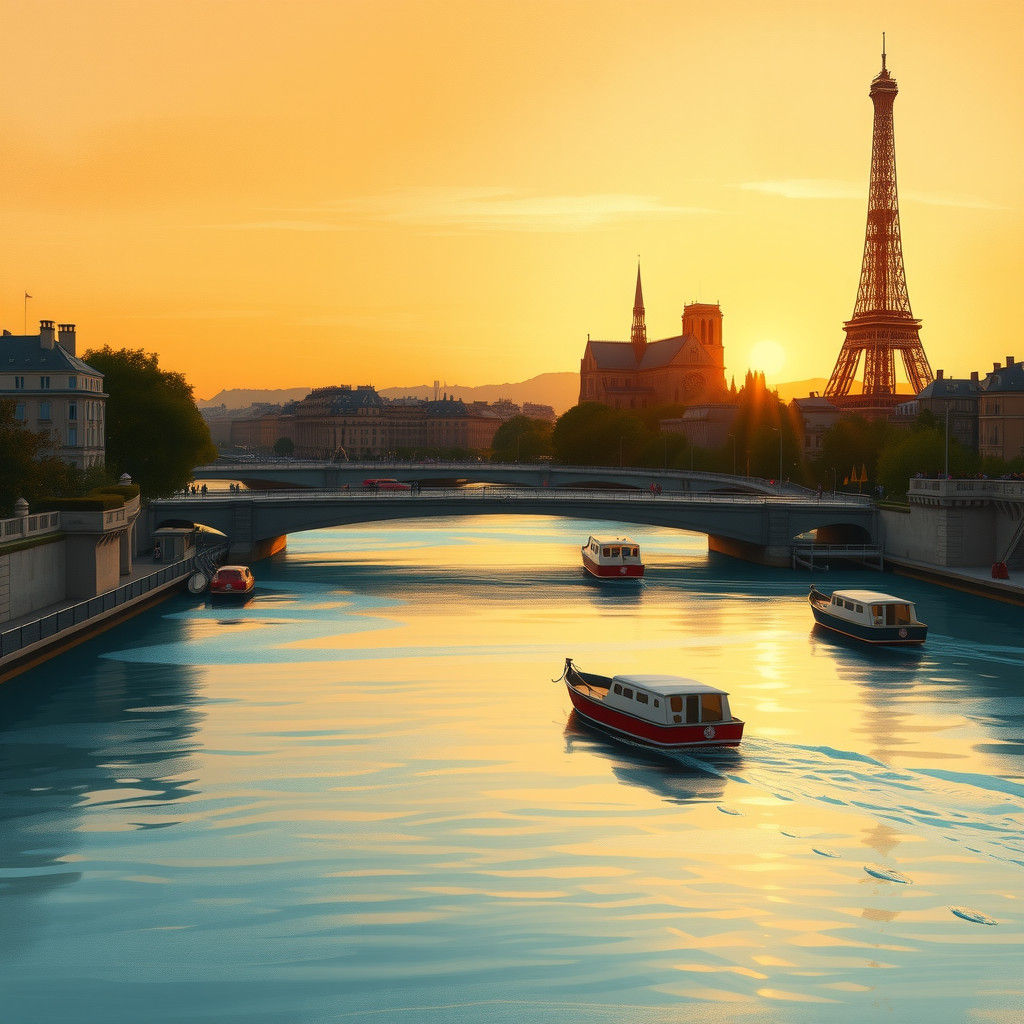 Parisian Sunset: Eiffel Tower and Seine in Impressionist Sty...