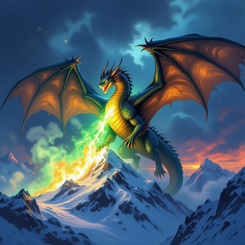 Colossal Obsidian Dragon Unleashes Emerald Fire