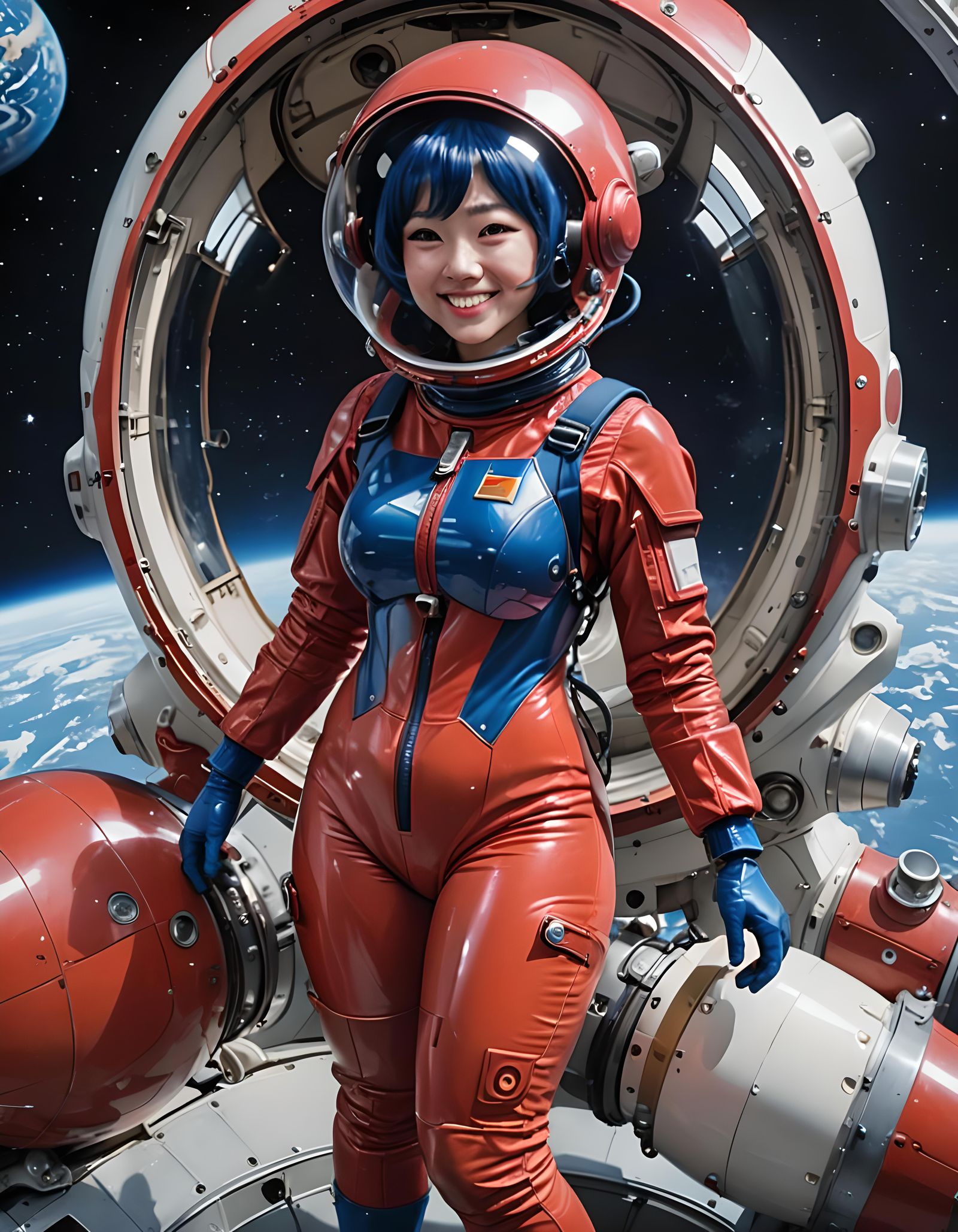 Japanese Astronaut in Red Spacesuit in Planetary Orbit