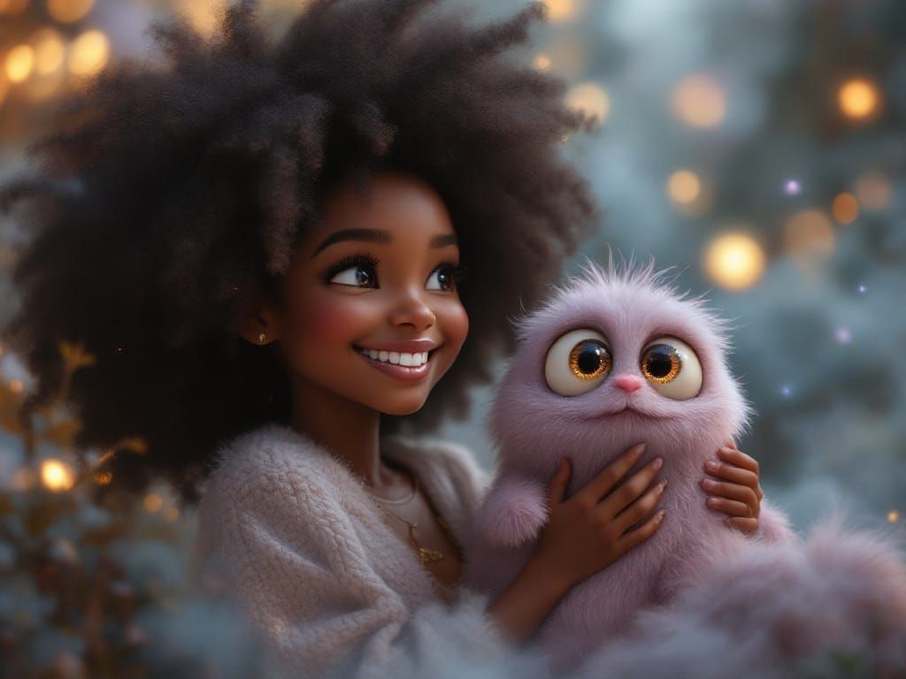 Whimsical Girl and Fuzzy Monster in a Dreamy, Hyperdetailed ...