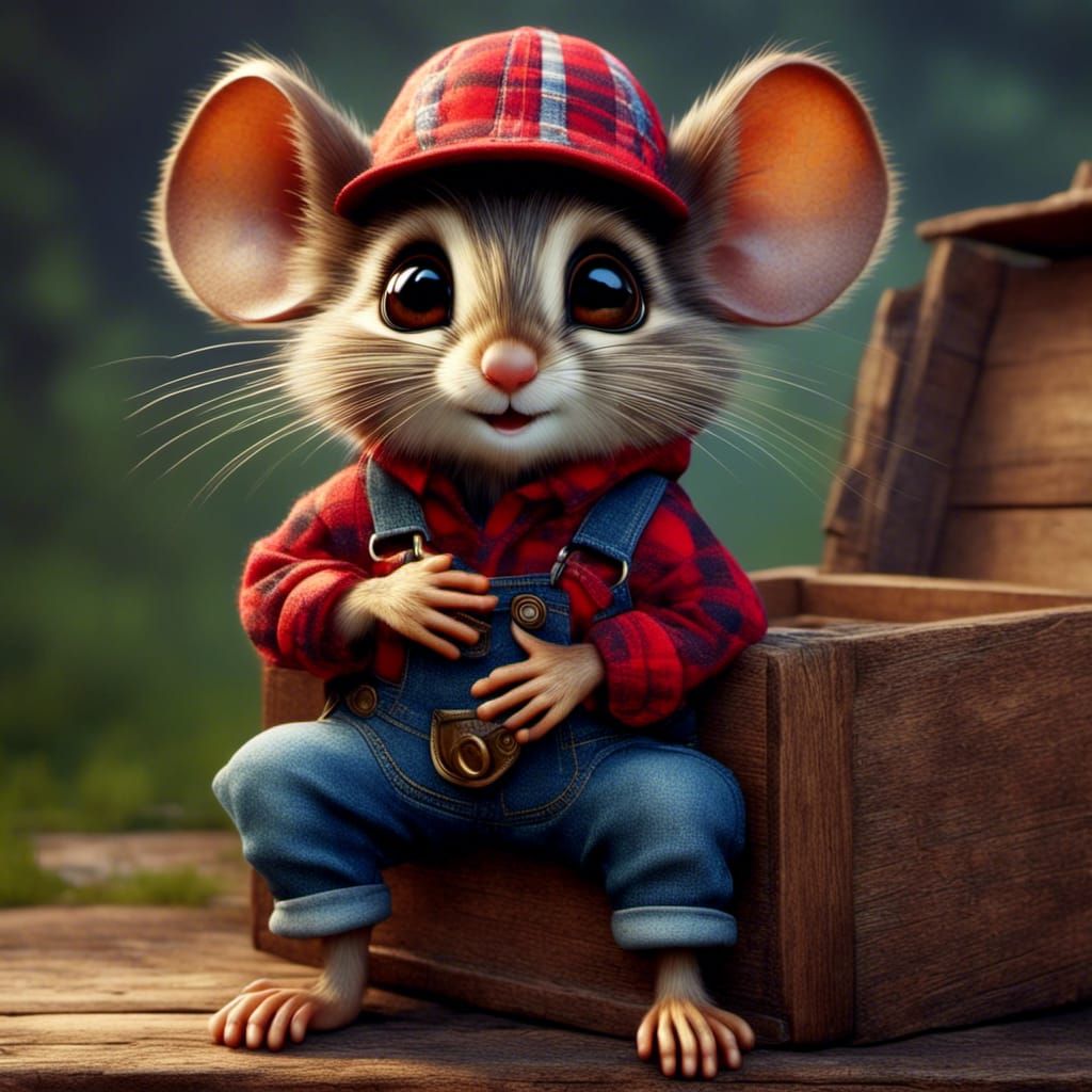 Adorable Mouse with Big Eyes on Rustic Crate