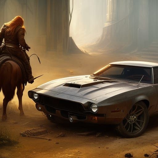 A 60’s Mustang, survived the sands of time, set in a futuristic apocalyptic Mad Max world
