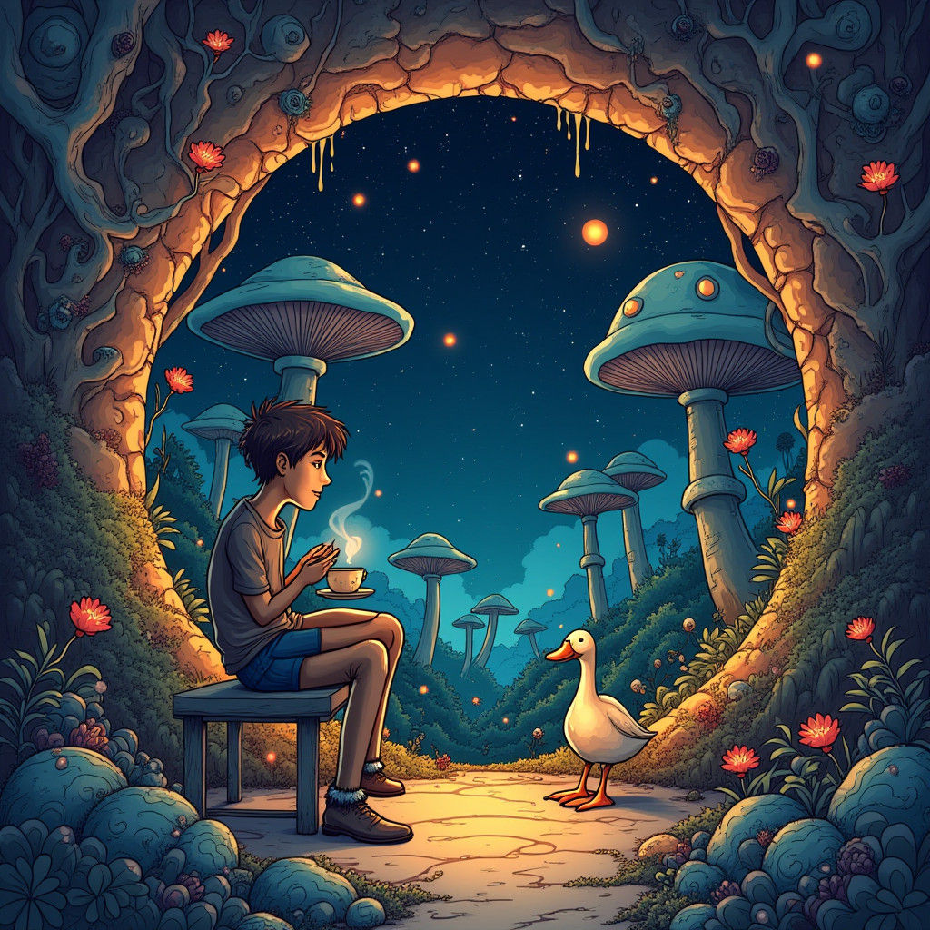 Cozy Cafe in Astral Forest with Duck, Mystical Illustration