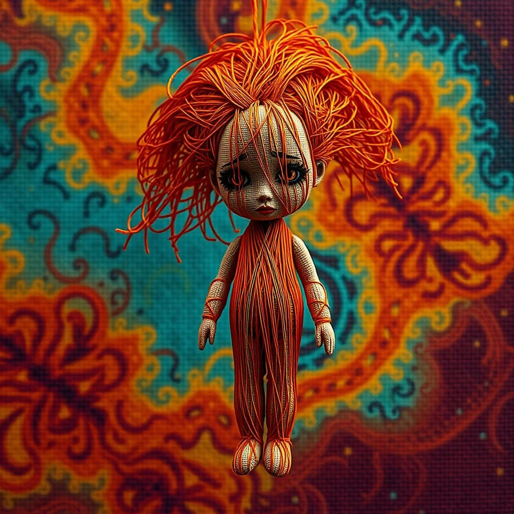 String art or pin and thread art, of sad doll made of string...