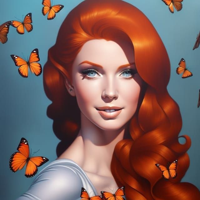 Gorgeous Redhead Surrounded by Butterflies: Hyperrealistic D...