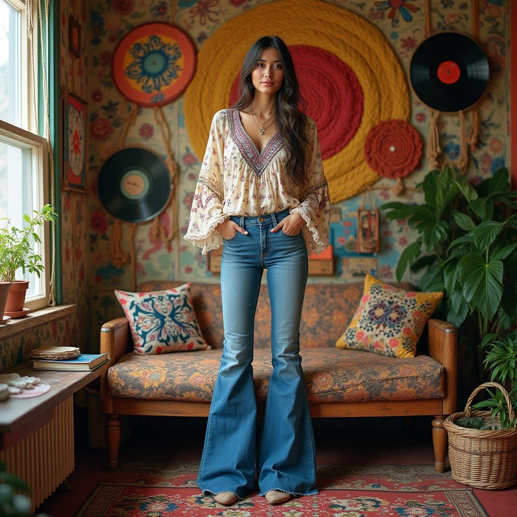 Psychedelic Retro Woman in 1970s Style Room
