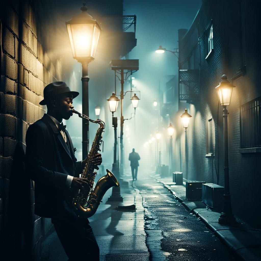 Noir Saxophonist in Foggy Alley at Night
