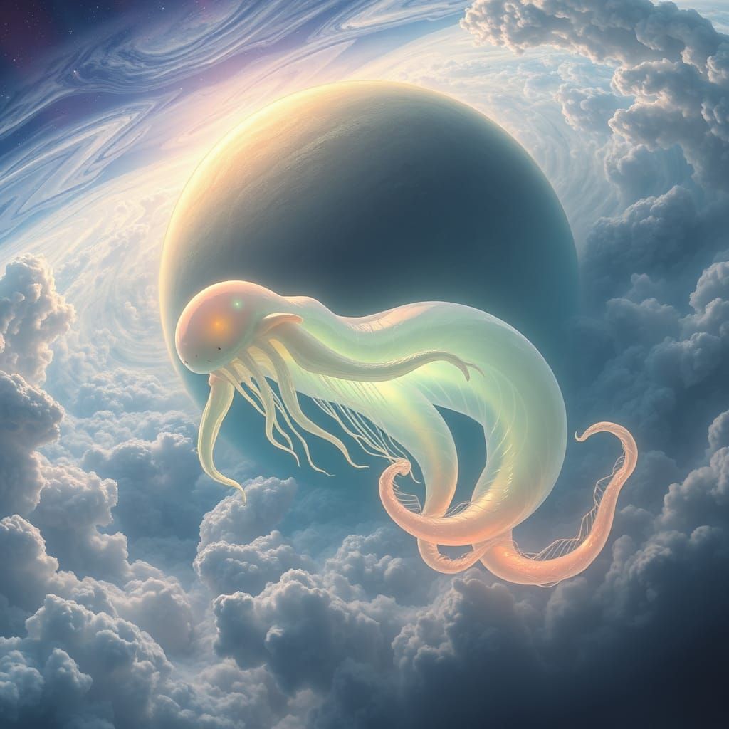 Ethereal Being Amidst Gas Giant Clouds