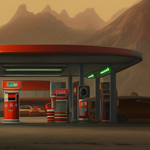 Retro Gas Station on Mars: Detailed Matte Painting