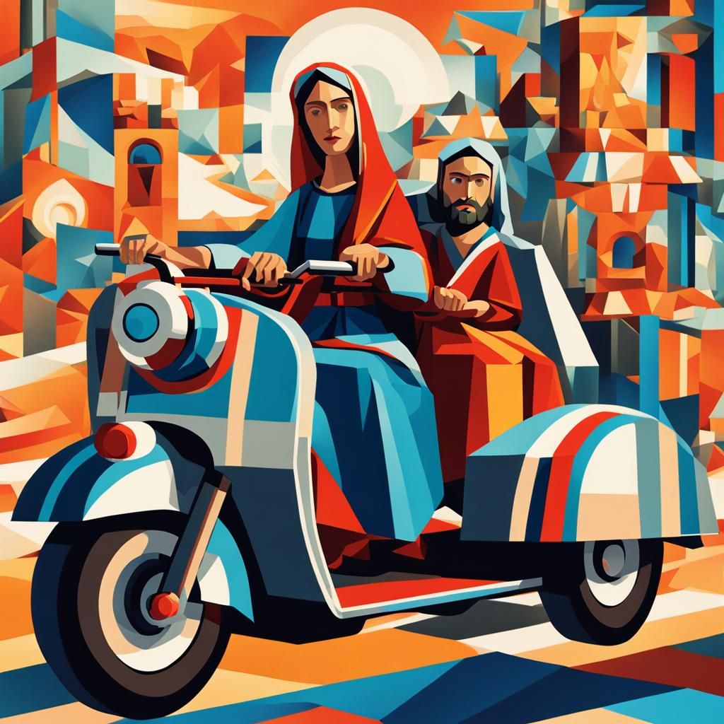Virgin Mary and Jesus on Scooter, Cubist Art Deco