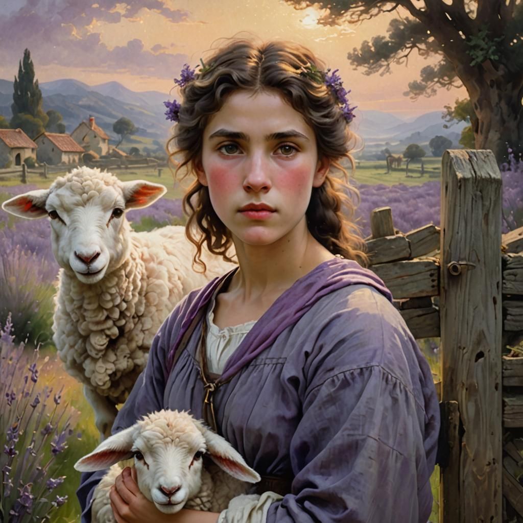 Woman with Lamb in Meadow, Oil Painting Style