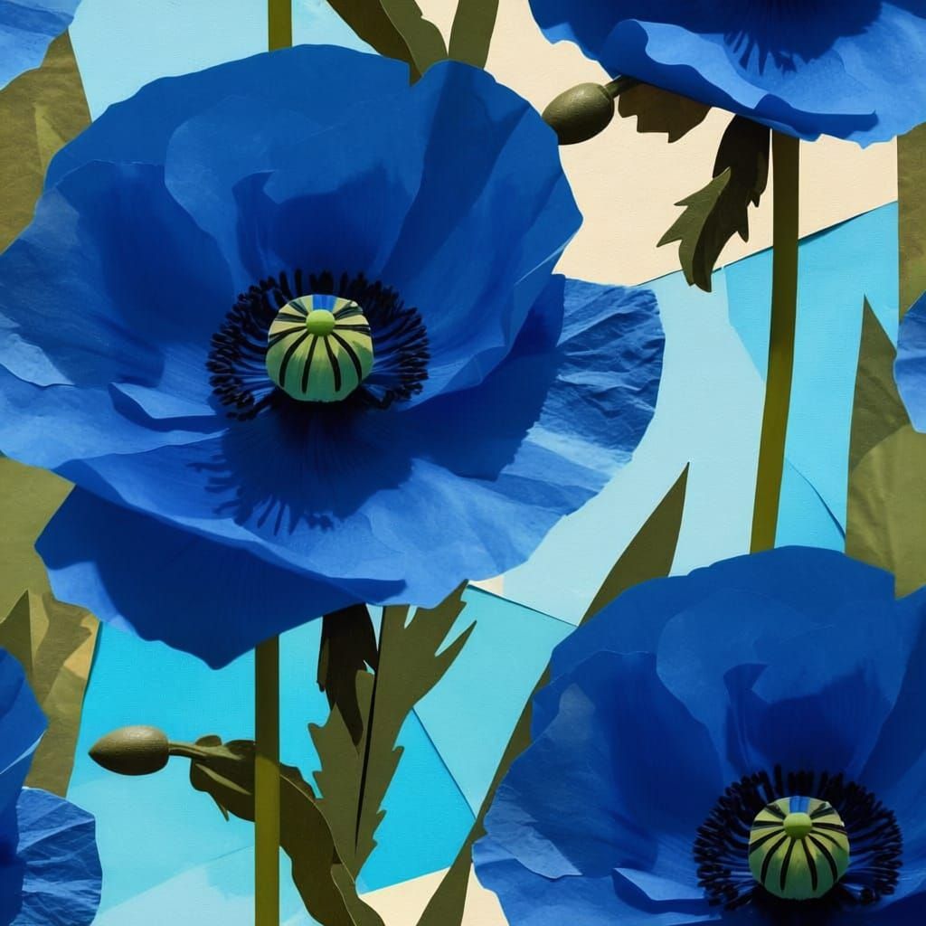 Collage print blue poppy