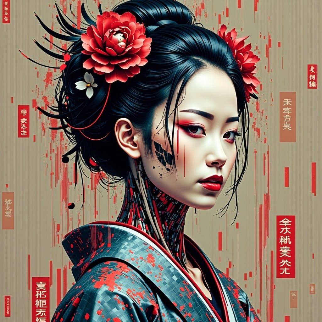 Glitch Art: Geisha Cyborg in Pixelated Style