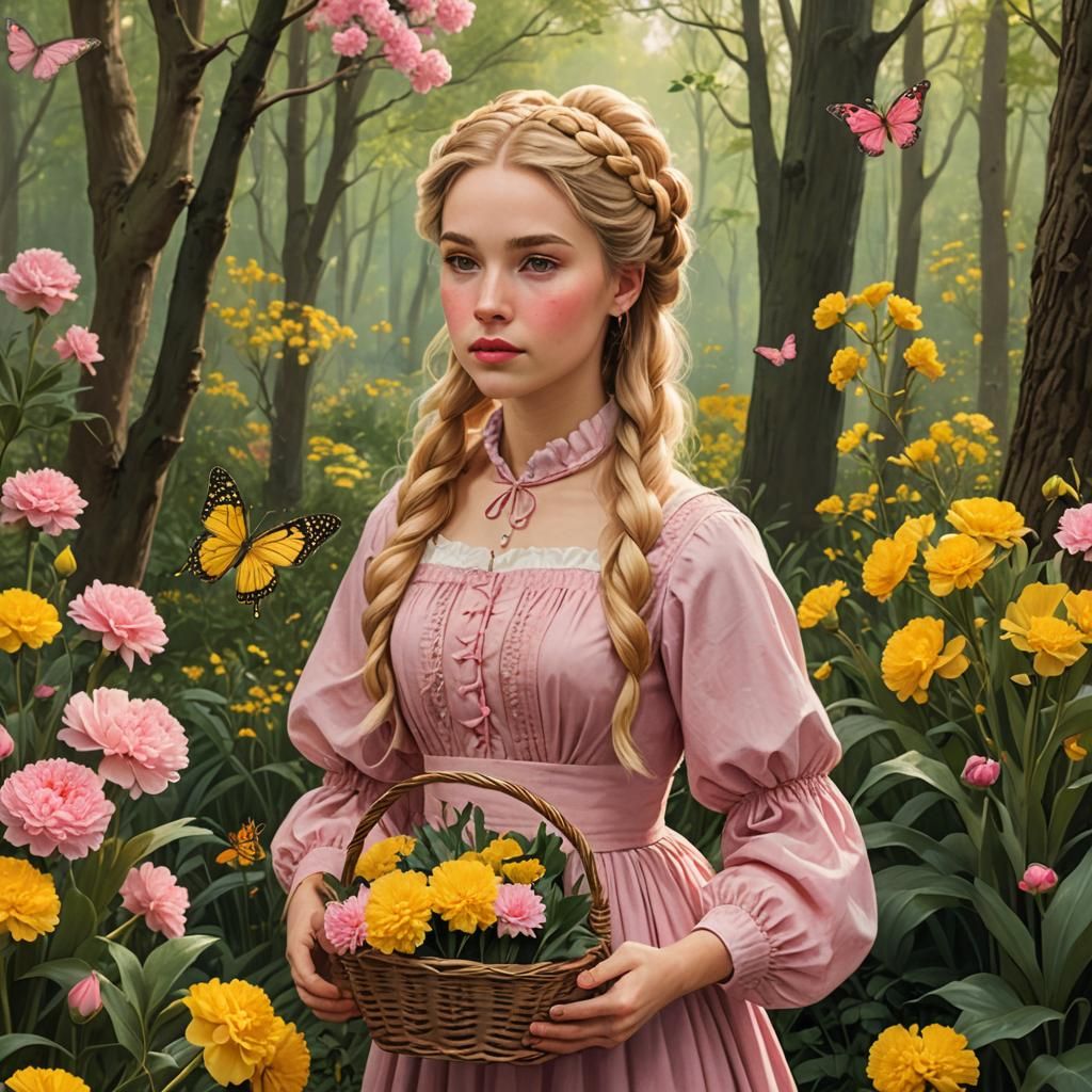 Girl with Flowers in Forest: Hyperrealistic Art