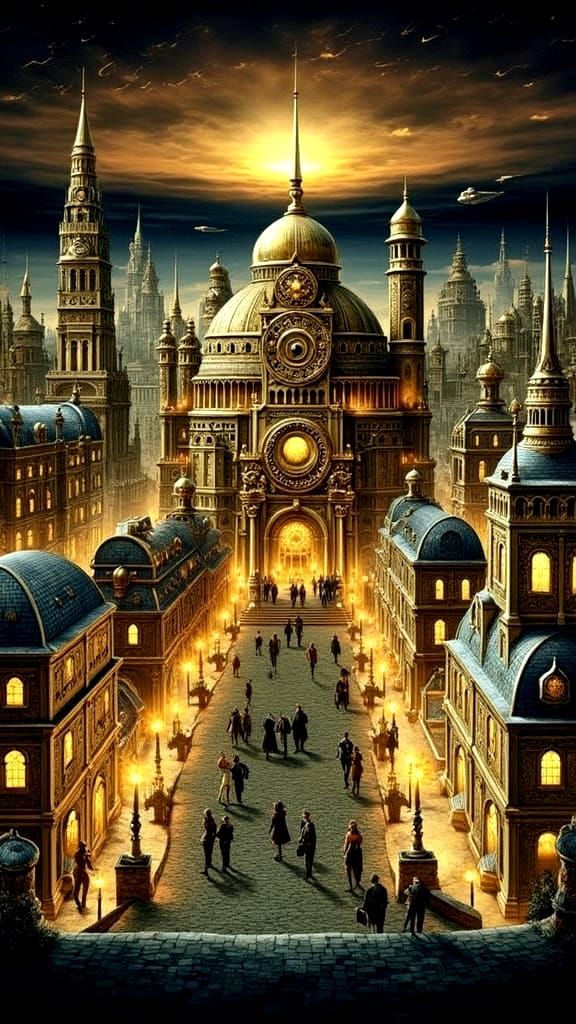 Steampunk Cityscape at Dawn with Brass Structures