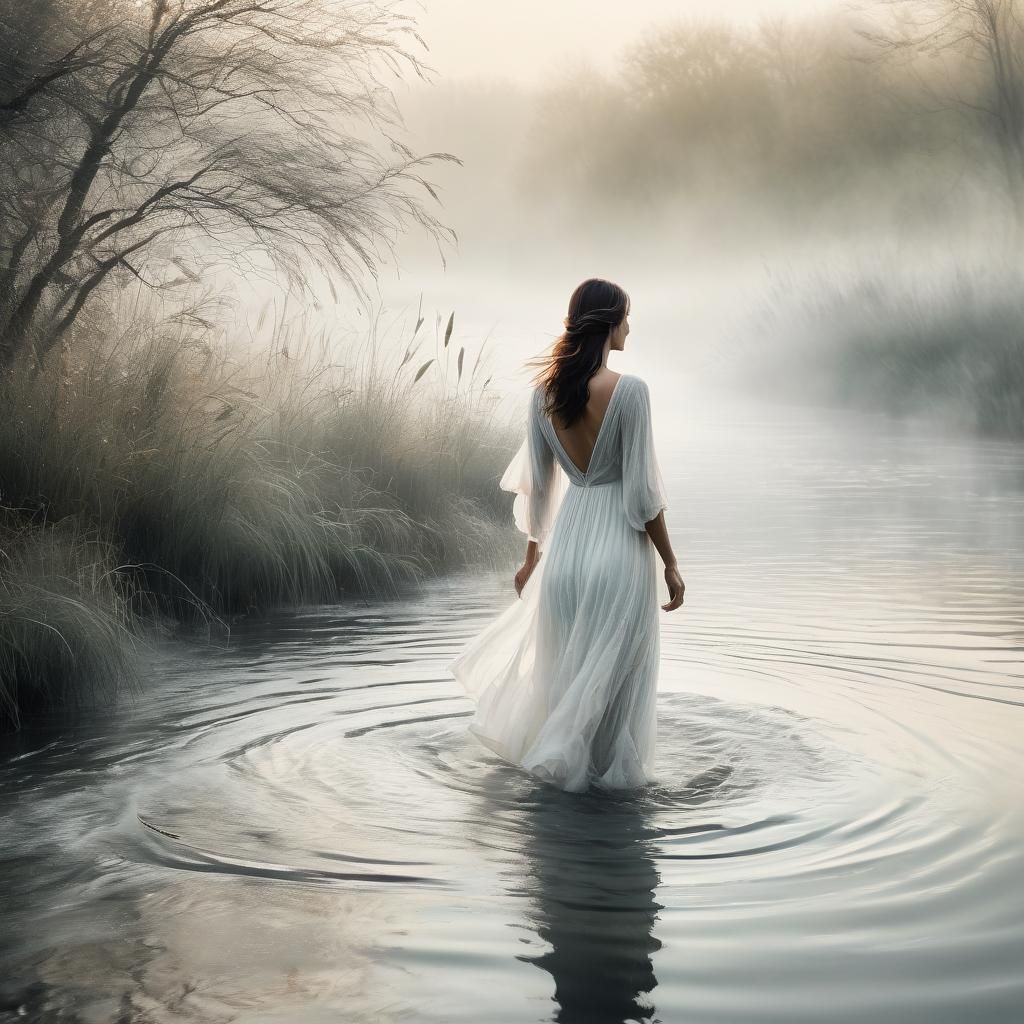 Woman Bathing in River on Foggy Morning: Watercolour