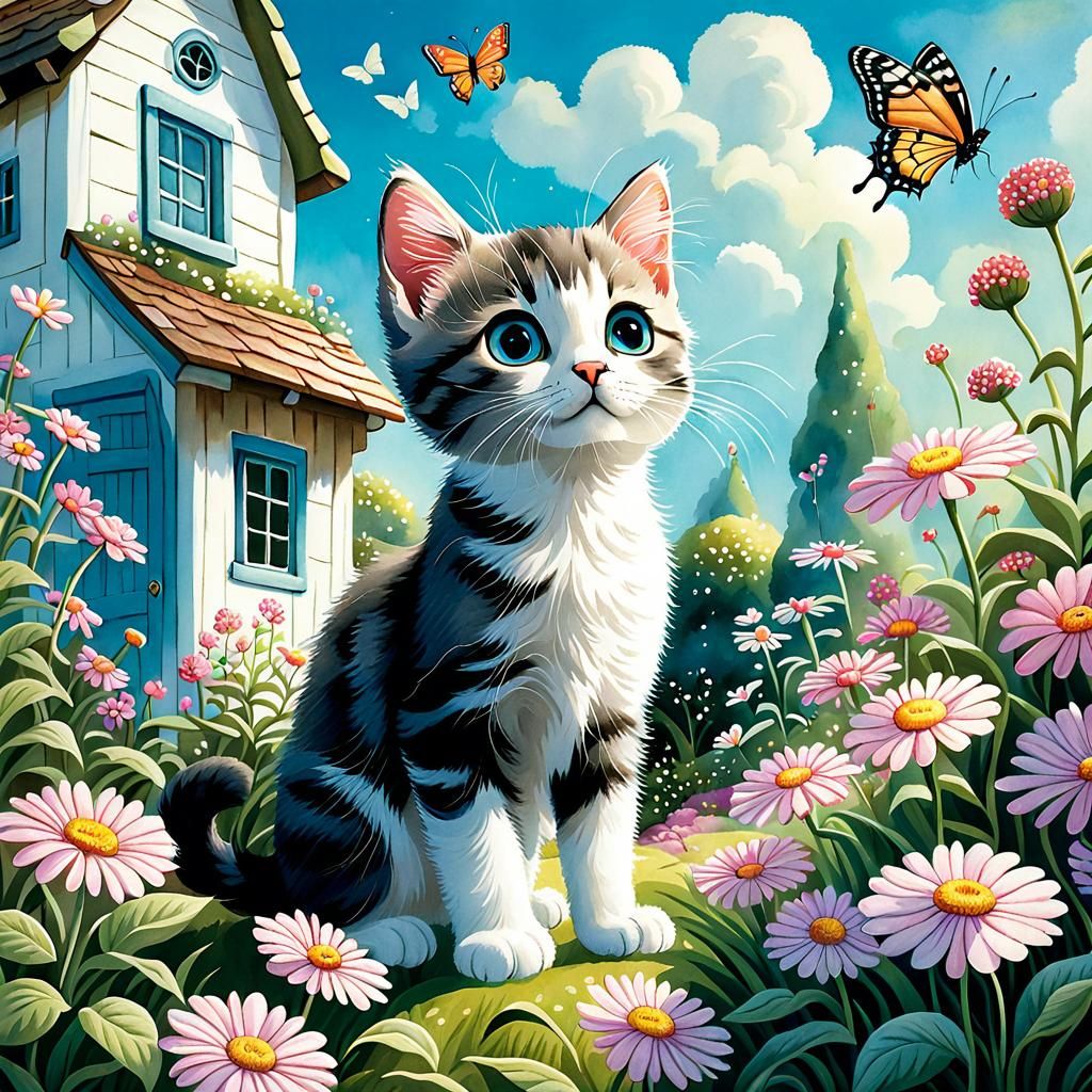 Kitten and Butterfly in Cottage Garden Illustration