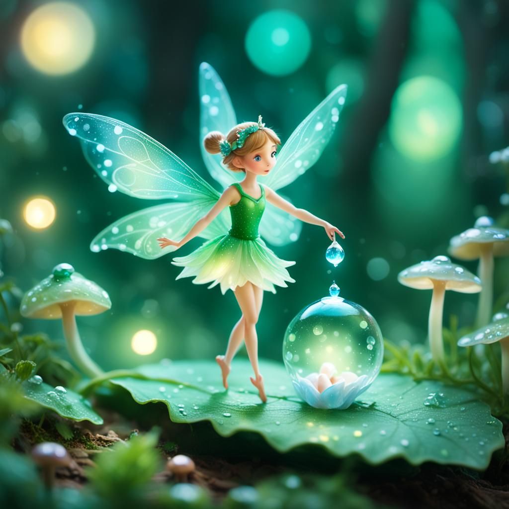 Fairy Dancing on Dewdrop in Bioluminescent Forest