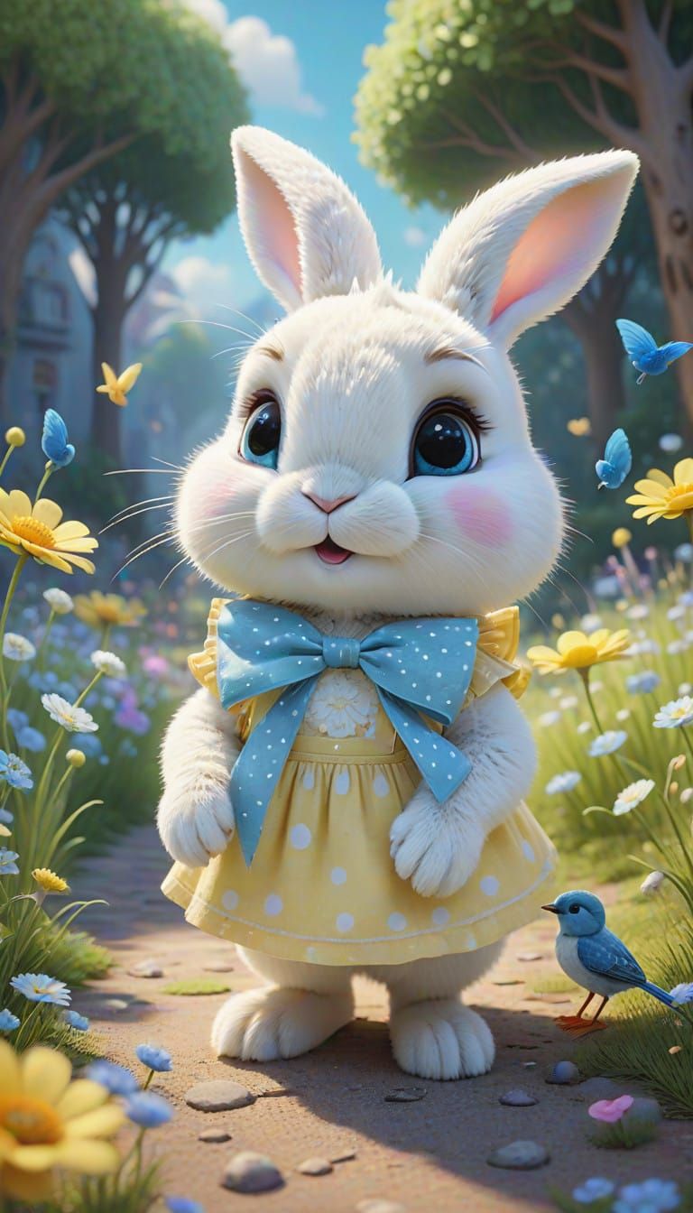 Whimsical White Bunny Holding Delicate Blue Bird in Gentle P...