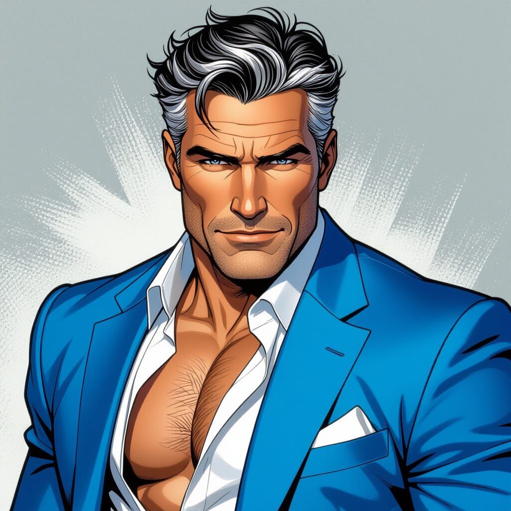 Handsome Man in Blue Suit: Comic Book Style Illustration