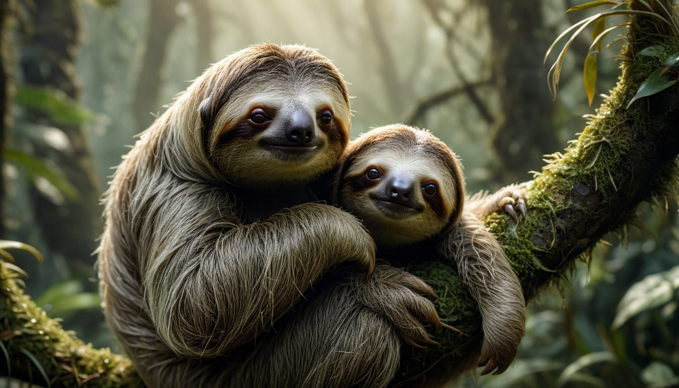Adorable Sloth Mother and Baby in Ethereal Jungle Light