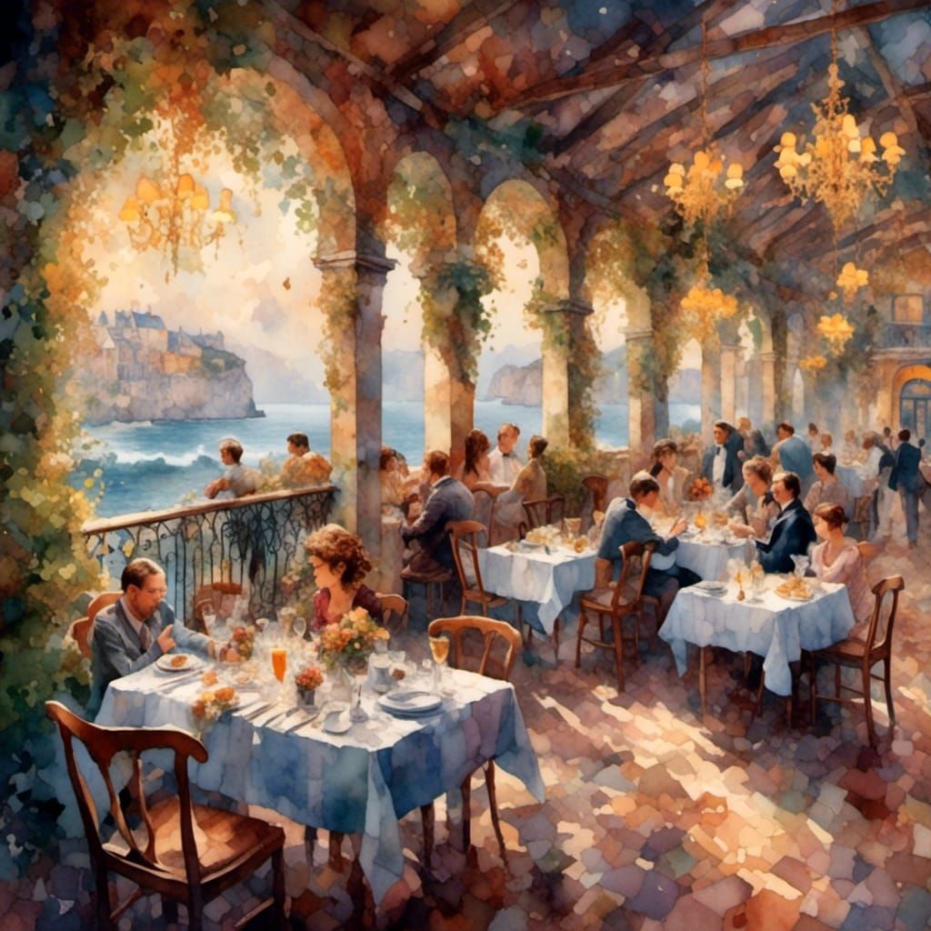 Outside terrace of a Provençal restaurant, c. 1900
