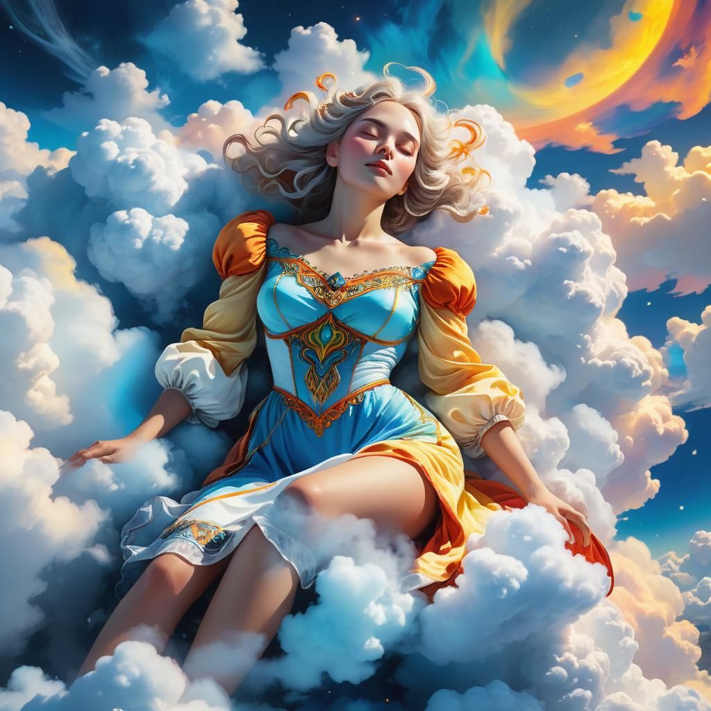 Giantess on Clouds with Aurora Sky