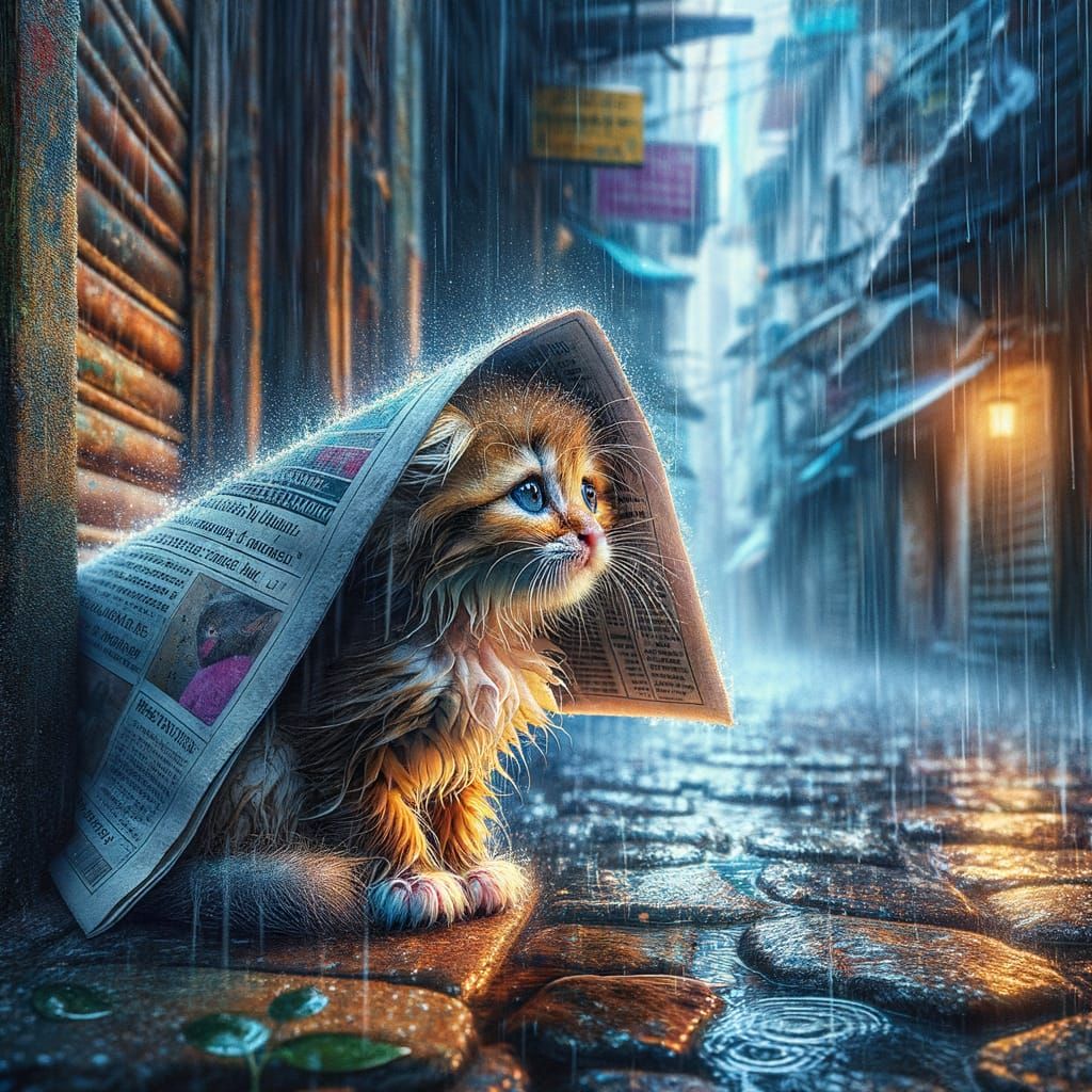 Kitten Seeks Shelter From Rain Shower