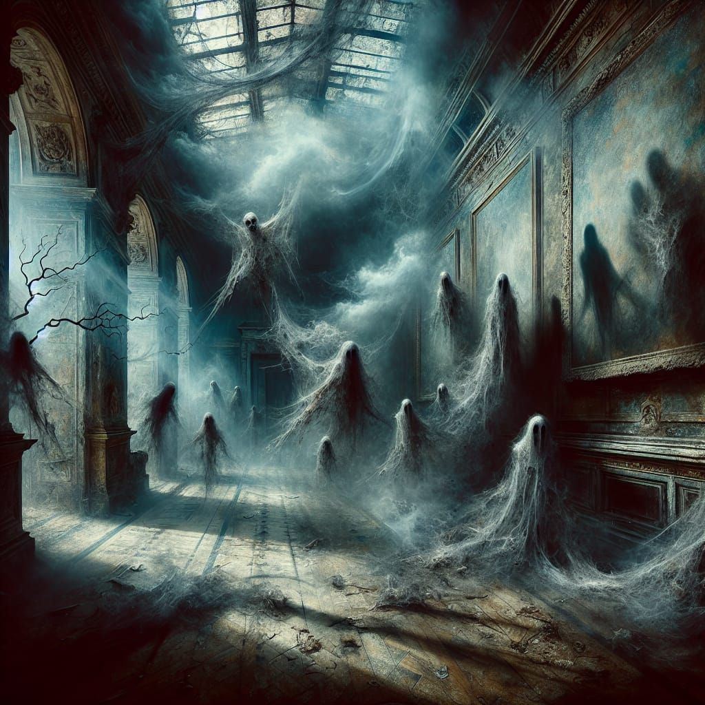Eerie Museum Scene with Ghostly Apparitions