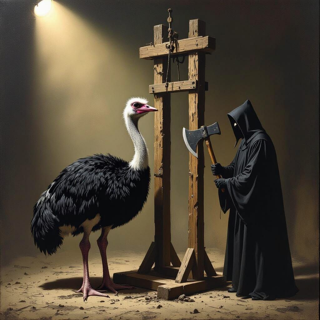 Ostrich in Guillotine with Executioner in Gothic Surrealist ...
