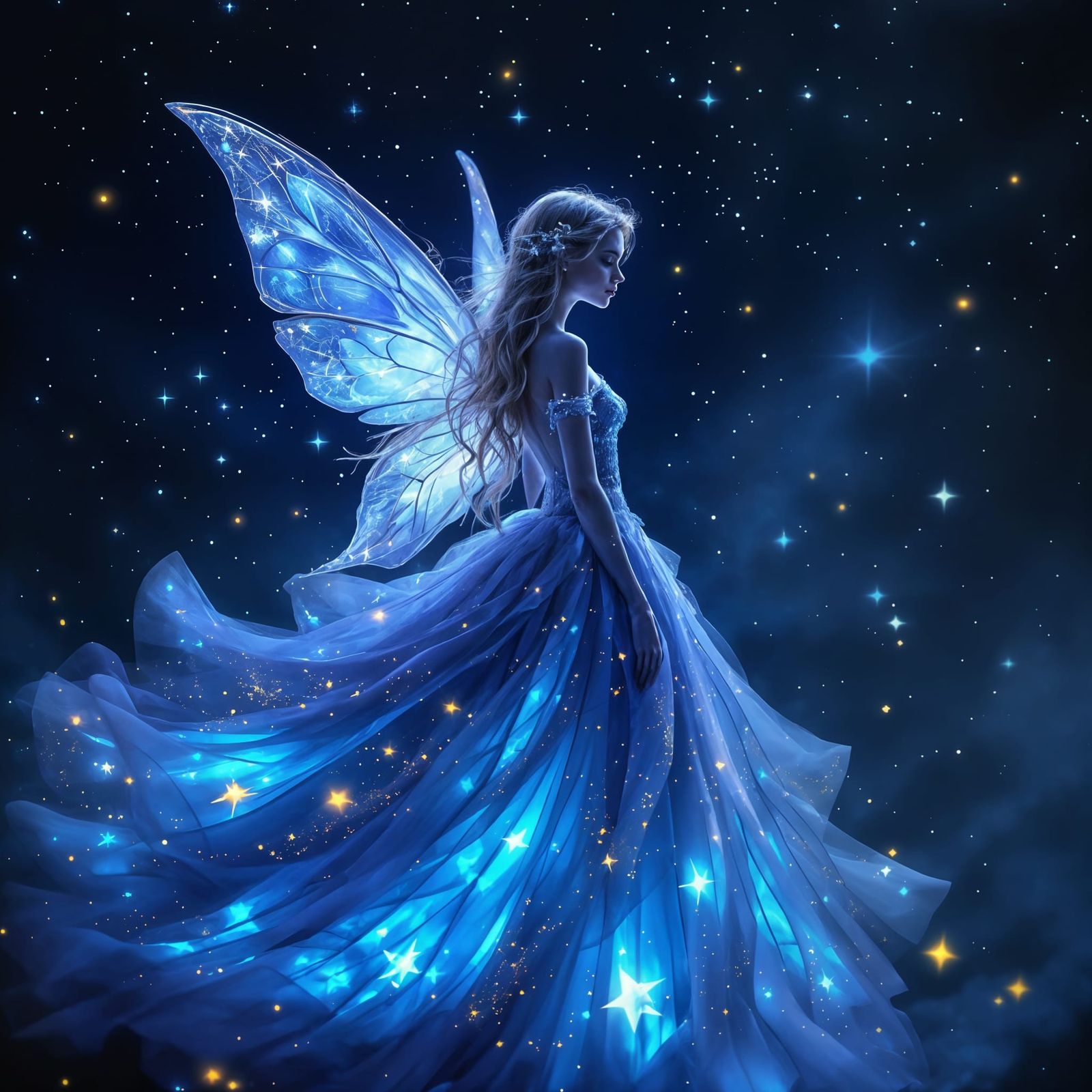Bioluminescent Fairy in Starry Night Sky