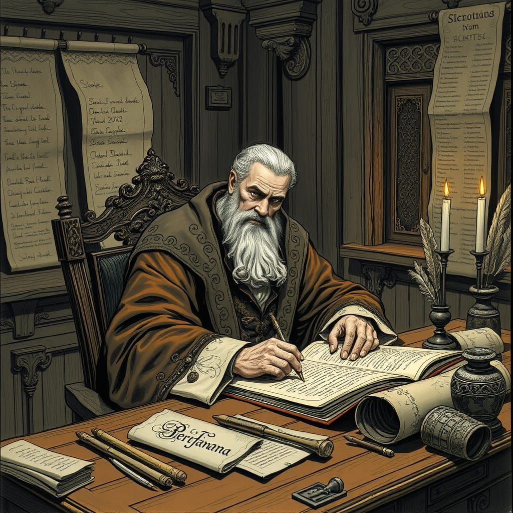 Ornate Scribe at Desk in Beksiński Style