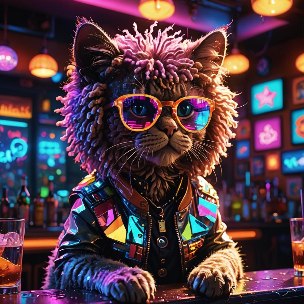 Holographic Cat at Neon Bar, Digital Art