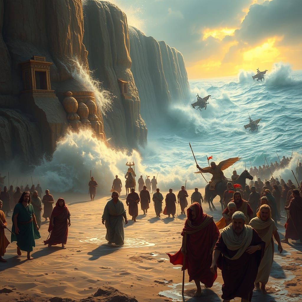 Biblical Epic: Ancient Israelites Cross the Red Sea as Egypt...