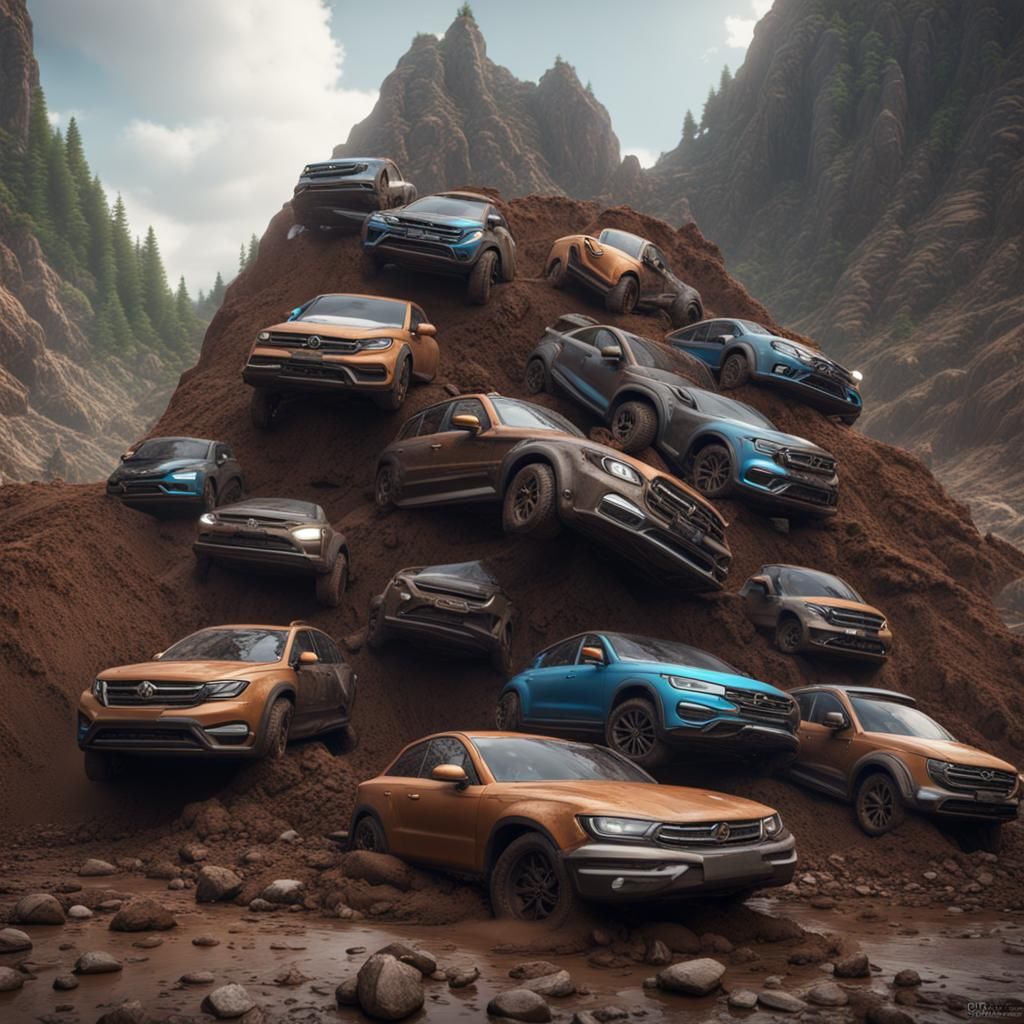 Cars in Mudslide: Detailed Matte Painting