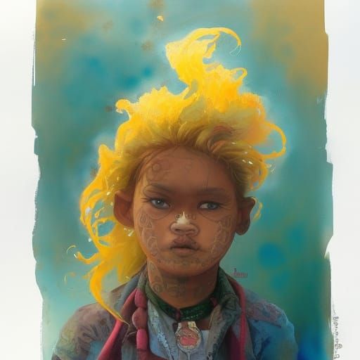 Peruvian Girl Portrait with Yellow Hair, Gouache and Waterco...